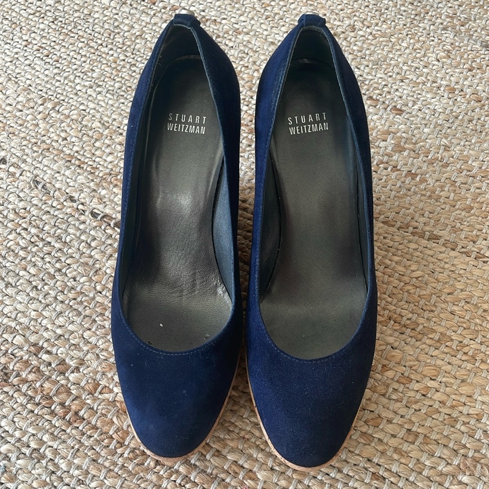 Stuart Weitzman Corkswoon Wedge Navy 9.5 5 inch heel